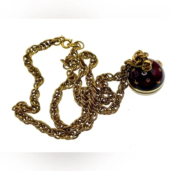Vintage 1960s Signed Jean Perret Gold Tone Red Enamel Orb Necklace Watch Working - Picture 8 of 14